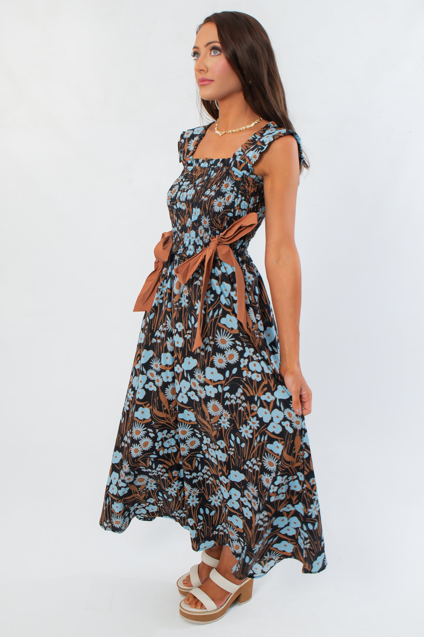 Midnight Floral Black Ribbon Midi Dress