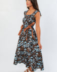 Midnight Floral Black Ribbon Midi Dress
