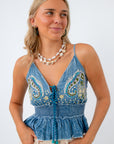 100% cotton denim summer top, summer top with embroidered seahorses on it, denim top with intricate details all over it