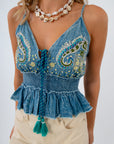 Boho beach vacation denim top with seahorses on it, embroidered top with sequins