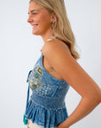 Coastal cowgirl aesthetic top, sequined denim top, vacation tops, top with seahorse on it
