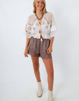 Ivory short sleeve top for country concert, boho fall tops, ivory top with embroidered details
