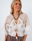 Embroidered top with mirror sequins, ivory boho top with sequins and embroidery