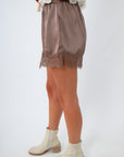 Loose fit textured shorts with lace, brown satin shorts with lace trim, western fall style shorts