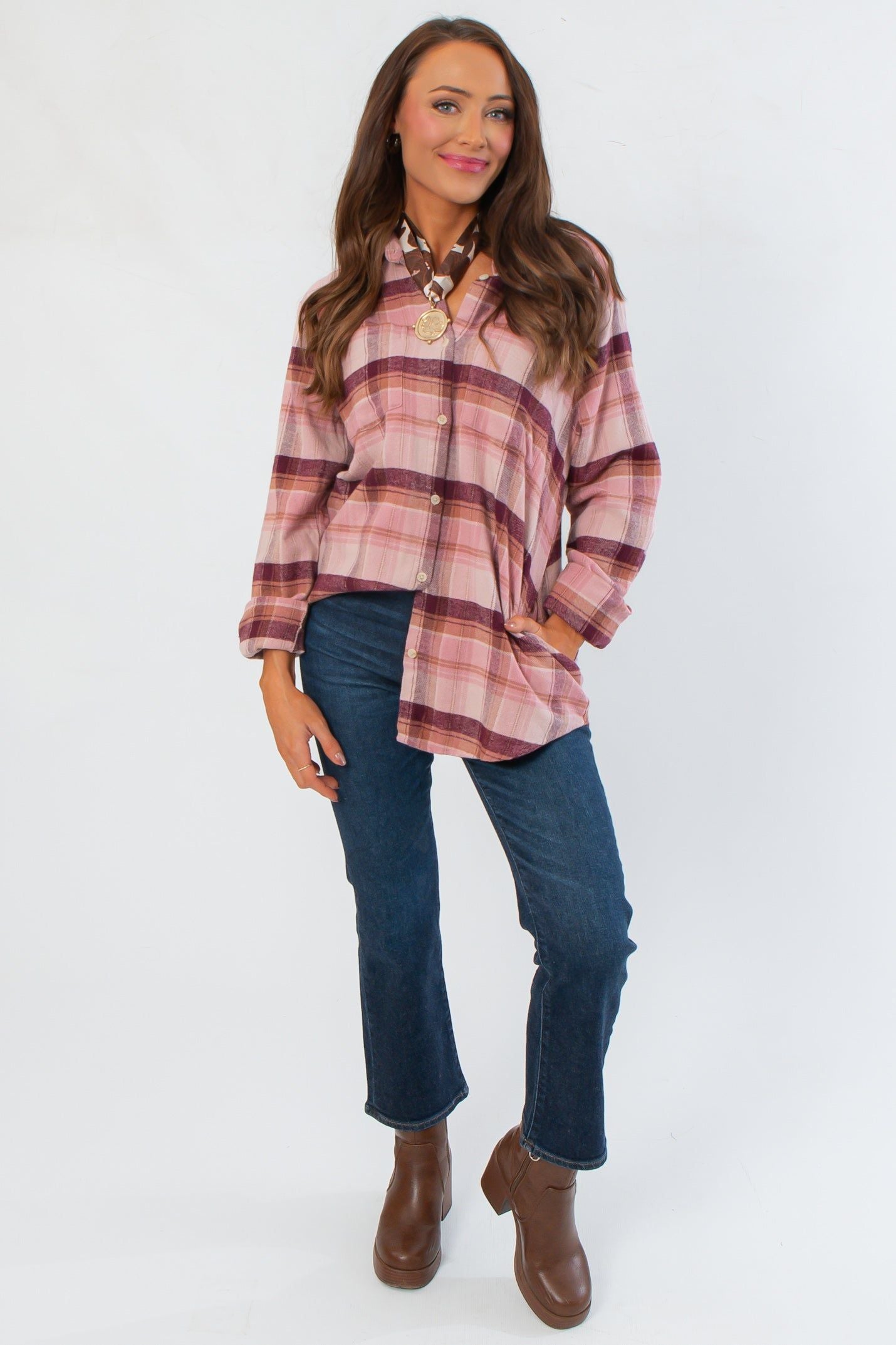 Cozy and chic Magenta Haze Manny Plaid Flannel Shirt in soft flannel fabric, perfect for casual fall and winter outfits.