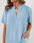 Robin Powder Blue Short Sleeve Blouse with V-neck