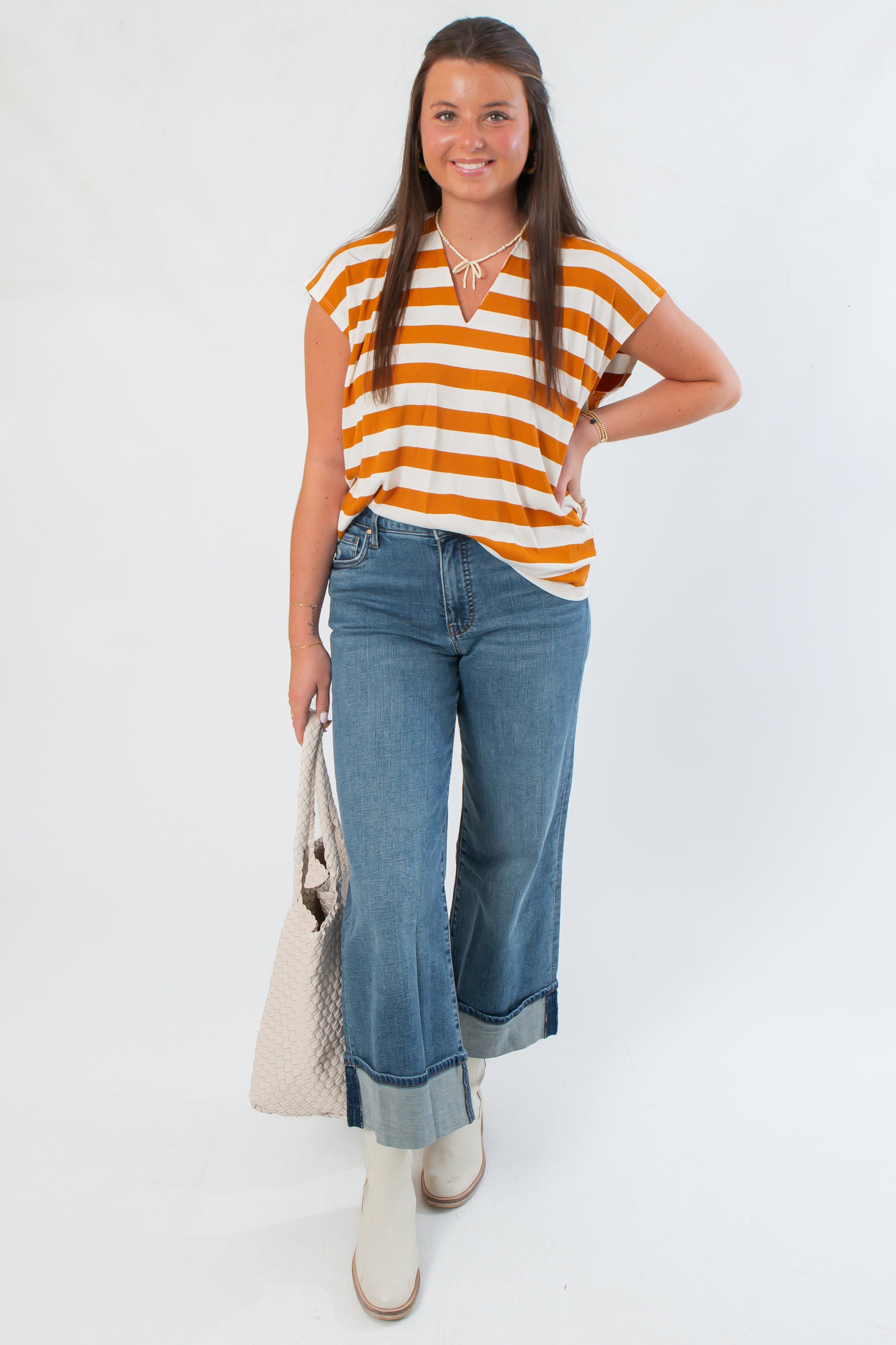 Turn the Page Camel V Neck Striped Top