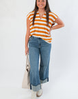 Turn the Page Camel V Neck Striped Top