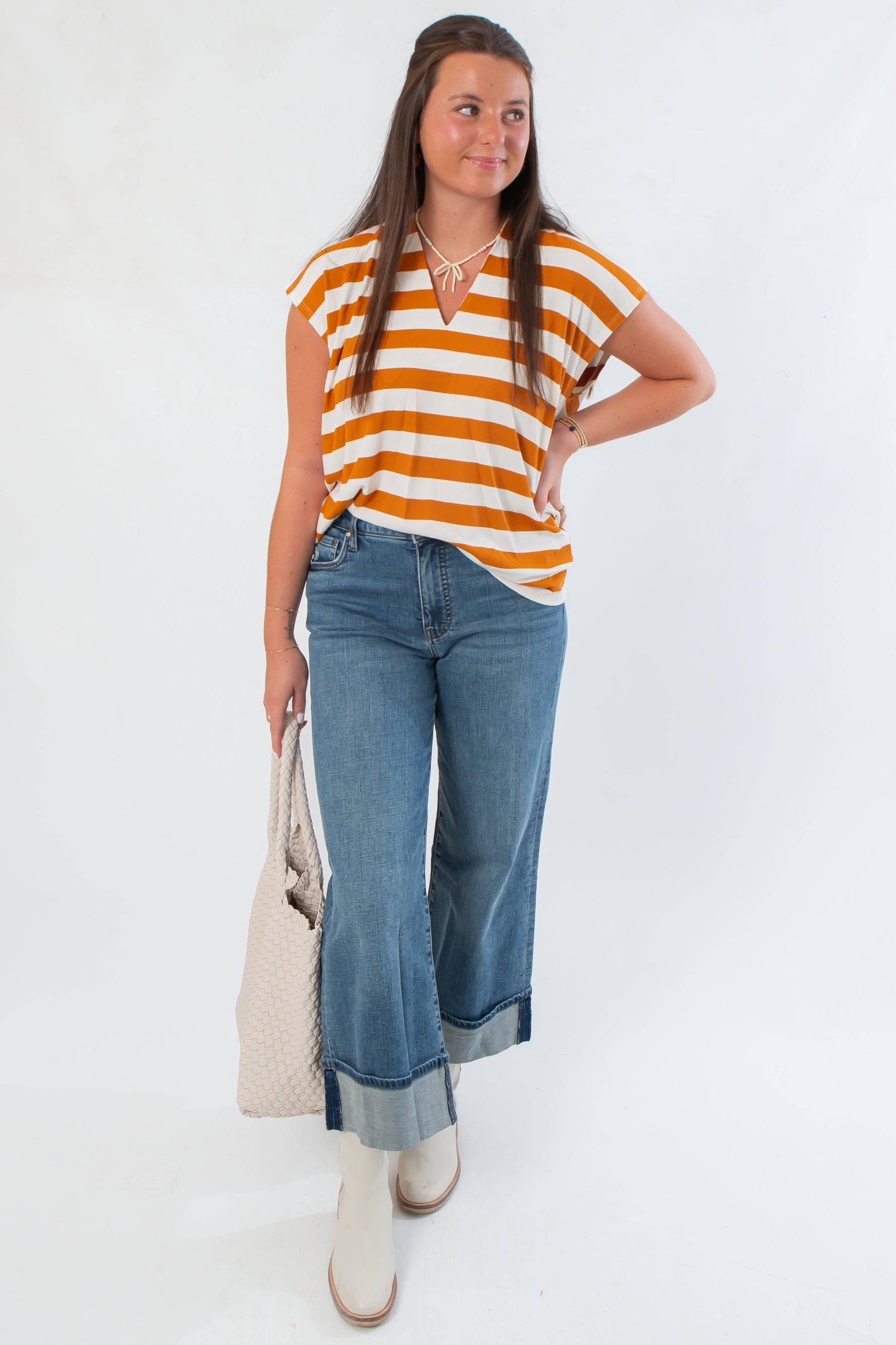 Turn the Page Camel V Neck Striped Top