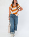 Turn the Page Camel V Neck Striped Top