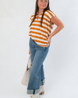 Turn the Page Camel V Neck Striped Top