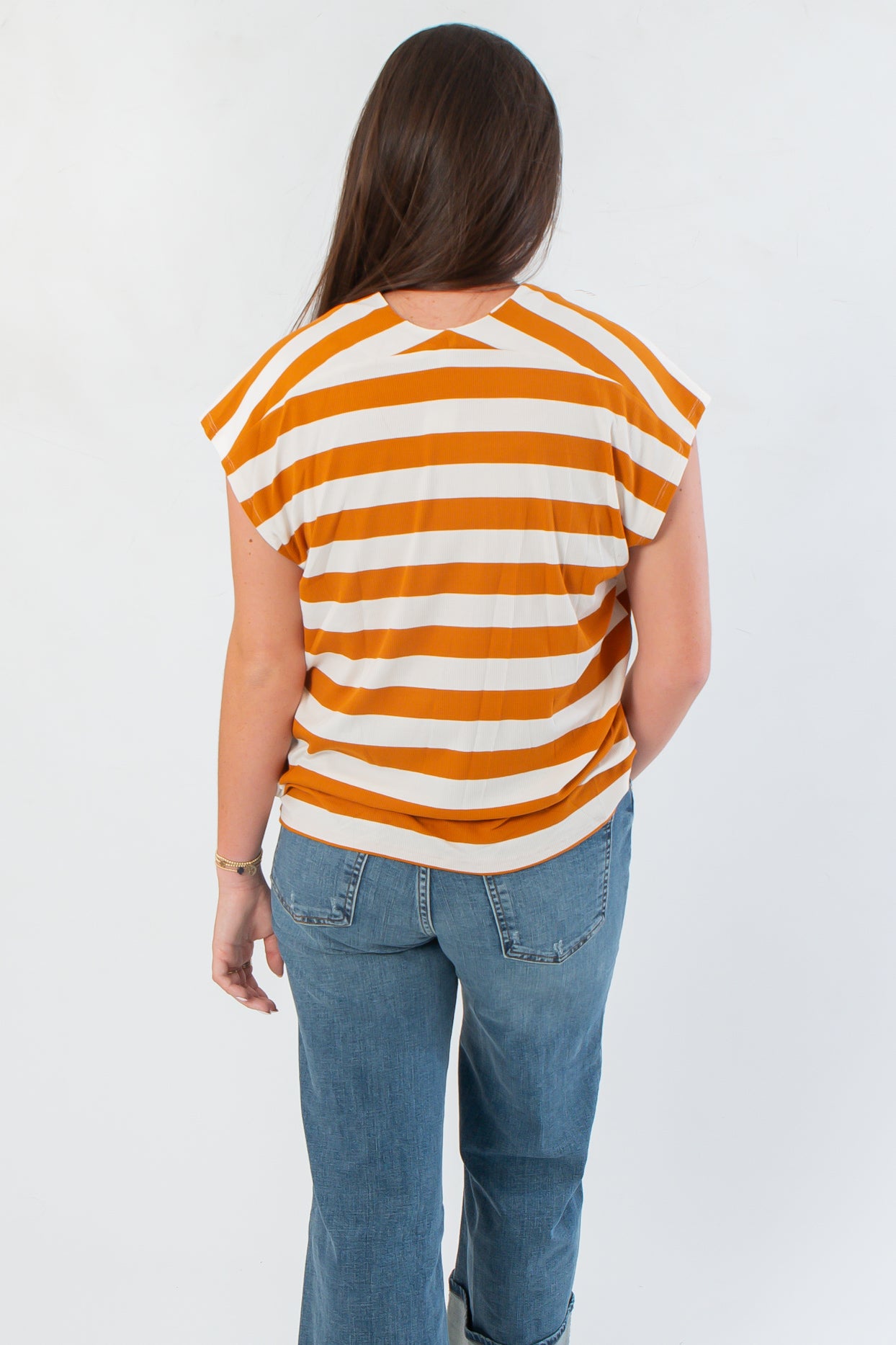 Turn the Page Camel V Neck Striped Top
