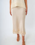 Elegant ivory fall midi skirt, fall midi skirt, fall satin skirt with lace trim, ivory midi skirt