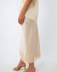 Satin midi skirt with lace hemline, satin midi skirt with lace detailing, ivory midi skirt with lace trim