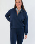 Spanx AirEssentials Half Zip in navy with a relaxed fit and lightweight fabric, perfect for breathable comfort and everyday wear.