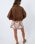 Embroidered fall outerwear, brown floral jacket, brown fall jacket, fall jackets, lightweight brown jacket