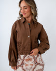 Vintage style appliqué fall outerwear, fall layering pieces, brown cropped jacket, fall outerwear