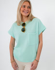 Seafoam ribbed knit short sleeve pocket tee front view
