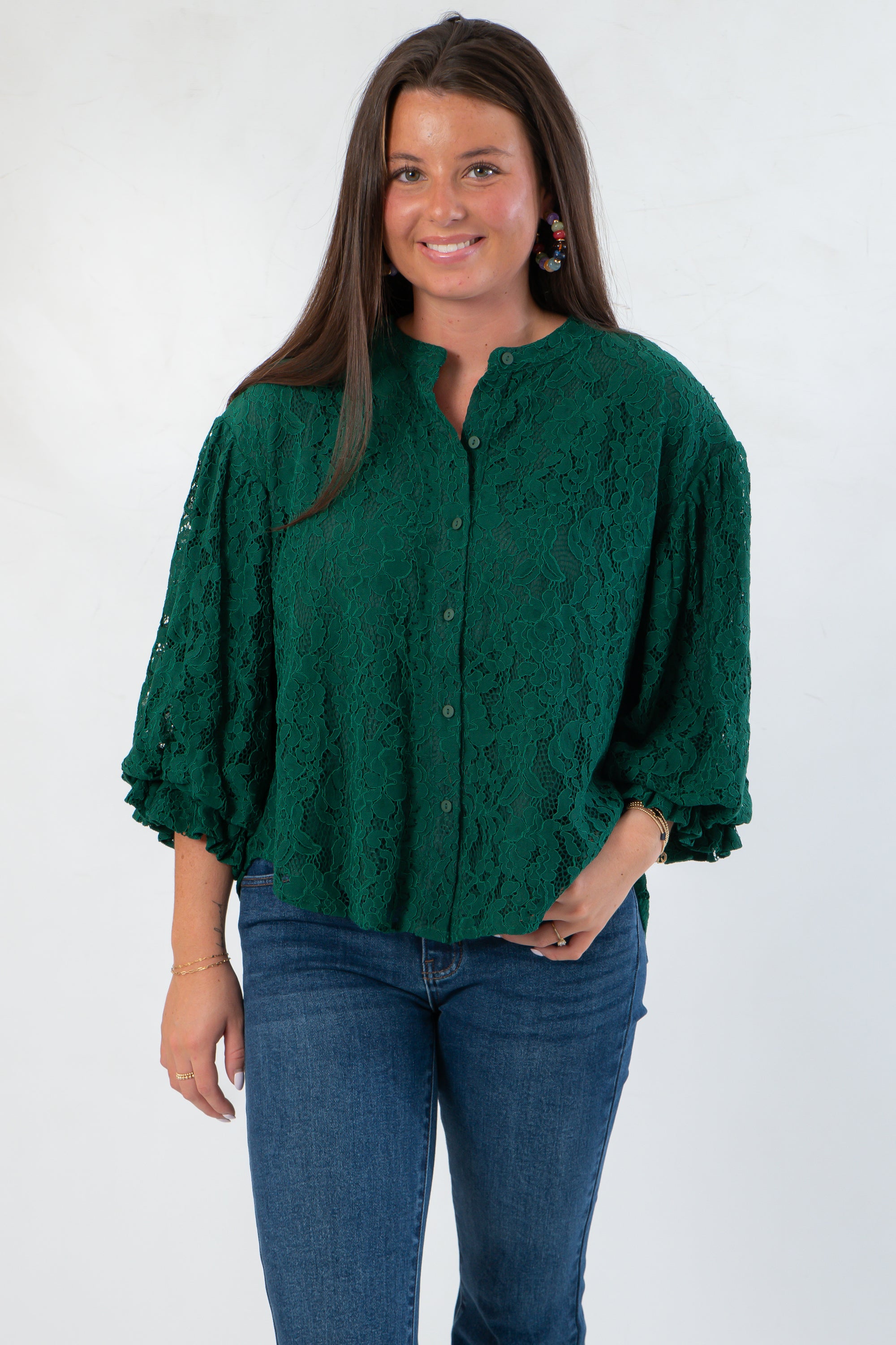Jayne Green Lace Bubble Sleeve Blouse
