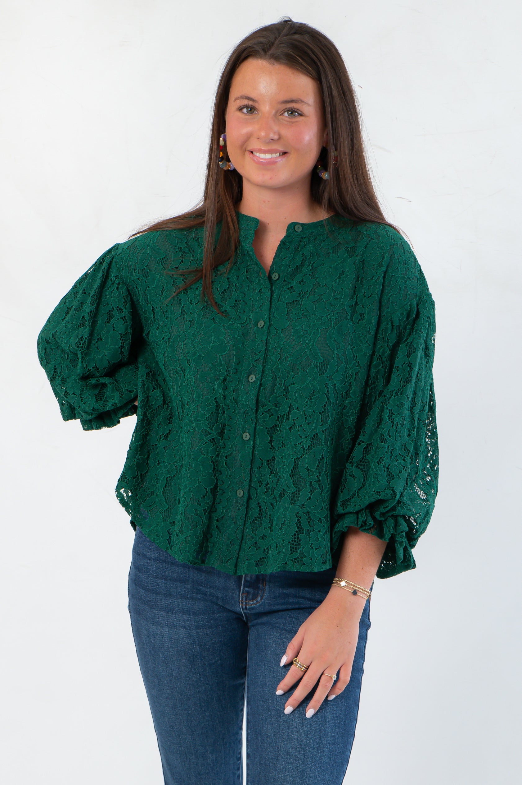 Jayne Green Lace Bubble Sleeve Blouse