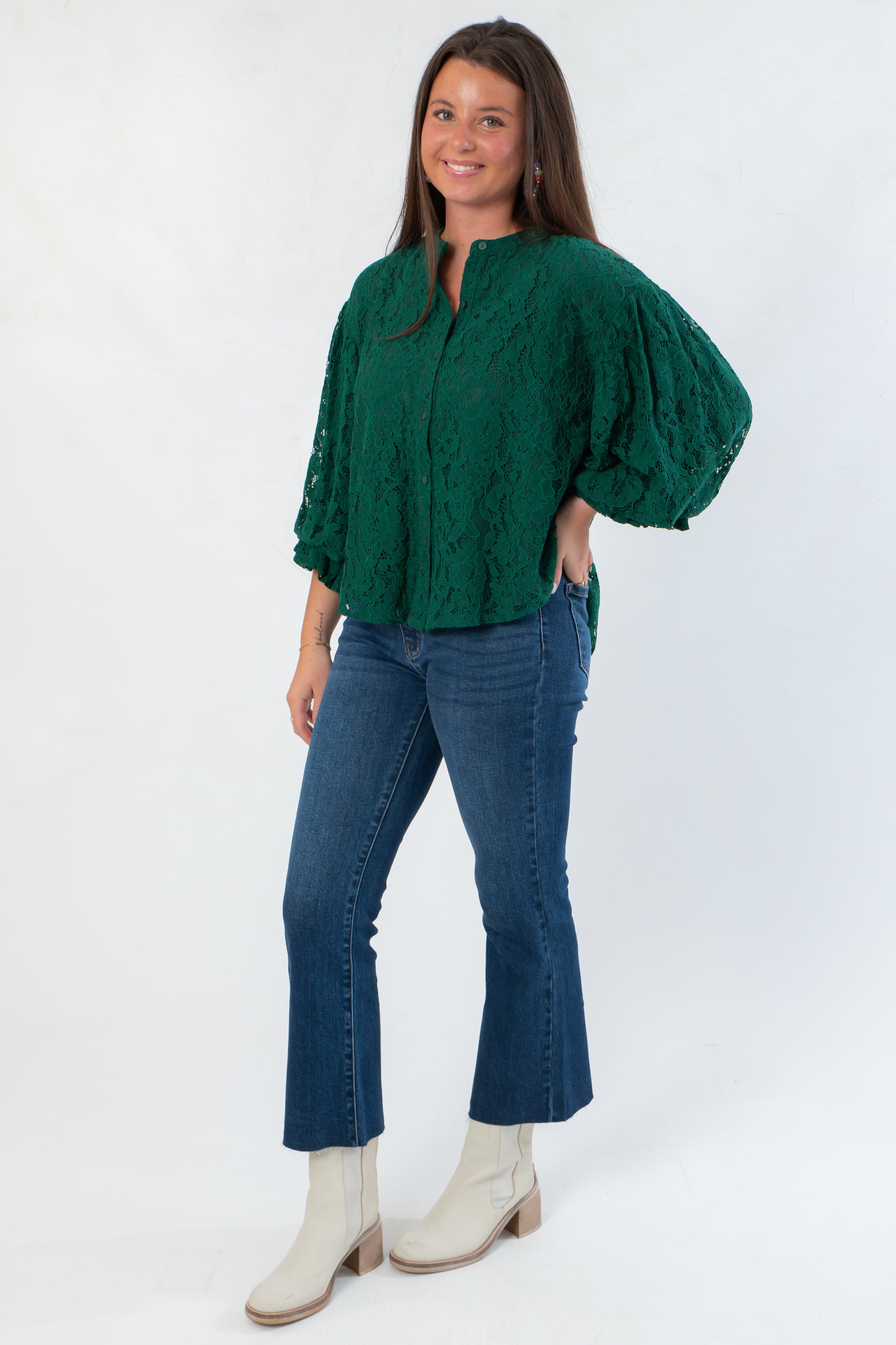 Jayne Green Lace Bubble Sleeve Blouse