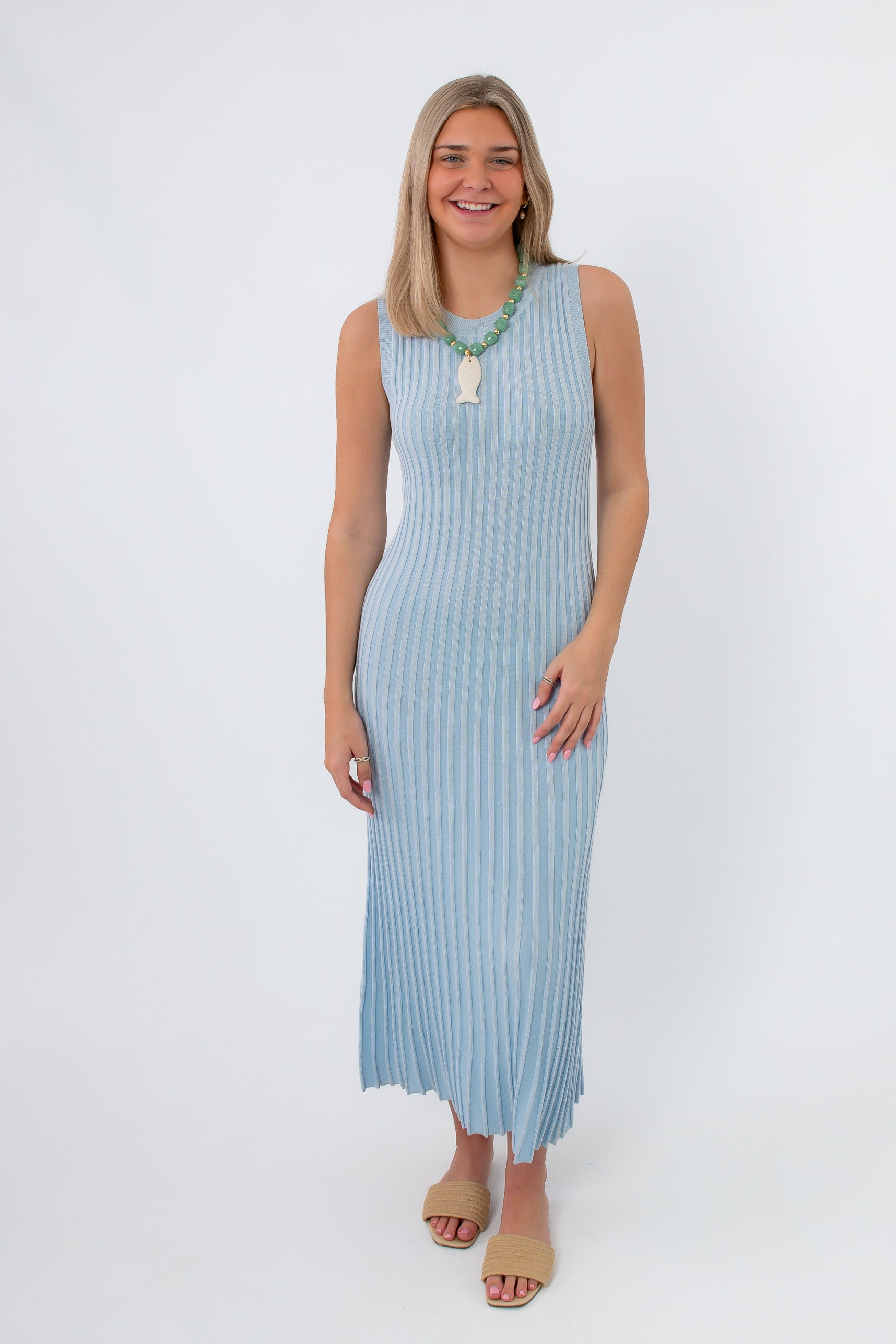 Sophie Sky Blue Rib Knit Midi Dress | Soft Stretch Spring Style L Sophie Sky Blue Rib Knit Midi Dress | Soft Stretch Spring Style L