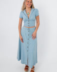 Light blue denim cropped top and maxi skirt set with button details, casual spring outfit