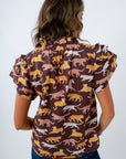 Brown ruffle sleeve blouse, brown THML top, tiger print top, clemson game day top