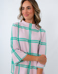 pink and green windowpane plaid sweater, sweater with 3/4 bell sleeves, mock neck sweater, plaid sweater
