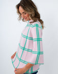cozy striped sweater with bell sleeves, pastel pink and turquoise green sweater, pink and green plaid sweater