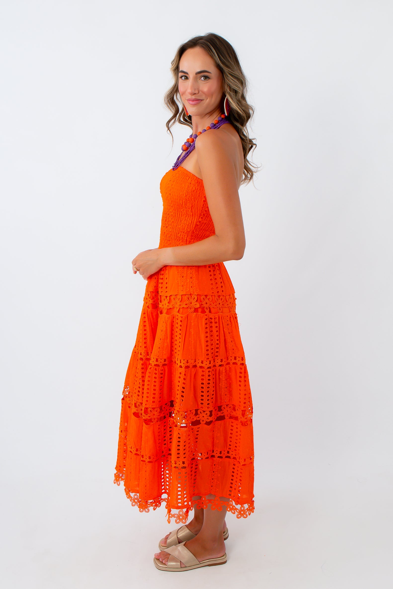 Orange Eyelet Strapless Midi Dress