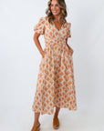 Fall floral maxi dress with smocked waistband, maxi dress with side pockets, light orange and pink maxi dress