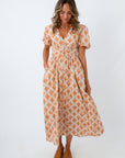 Petal Glow Floral Maxi Dress with puff sleeves, light orange floral maxi dress, long wedding guest dress