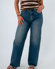 High-waisted medium wash straight leg jeans, fall denim