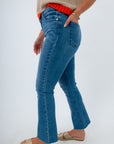 Versatile denim for fall transitioning, medium-wash denim, cropped flare denim