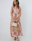 Peach Patchwork Floral Maxi Dress with ruffle sleeves and tie waist