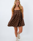 Polka dot babydoll dress with pockets, brown polka dot dress, brown mini dress, fall mini dress
