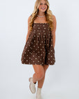 Brown dress with built in shelf bra, brown and cream polka dot dress, brown mini dress