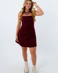 Sleeveless dark burgundy denim mini dress, burgundy denim dress, denim mini dress, fall mini dress, fall denim dress