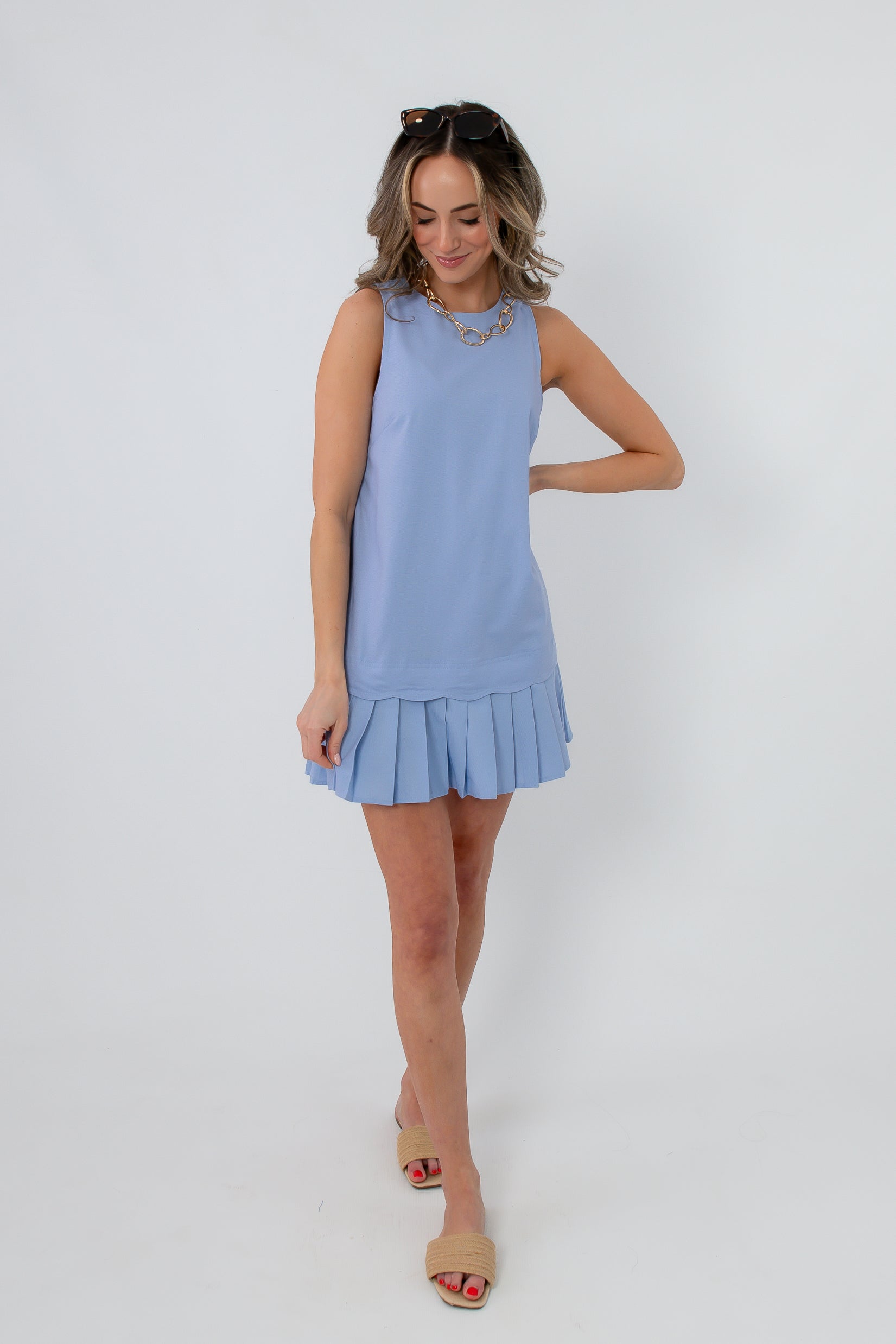 Reese Cornflower Blue Linen Pleat Hem Mini Dress | Linen Mini Dress  L.  Mae Boutique
