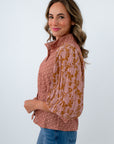Light pink and tan mixed fabric button front blouse, floral long sleeve blouse, fall long sleeve top, pink and tan blouse