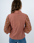 Stylish fall blouses with mixed pattern design, pink and tan blouse for fall, 3-quarter sleeve blouse with buttons