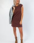 Z Supply Sandalwood Routine Shift Mini Dress – Casual & Comfortable brown mini dress styled with denim jacket and ankle boots, ideal for fall layering.
