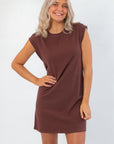 Z Supply Sandalwood Routine Shift Mini Dress – Casual & Comfortable short sleeve brown dress with relaxed fit, perfect for lounging or casual outings.