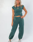 Teal Short Sleeve Crop Top paired with matching joggers, perfect for a cozy and stylish lounge set in women's fashion.