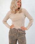 Front close-up of Z Supply Desert Tan Arlet Mini Thermal Top highlighting its soft thermal fabric and casual long sleeve design.