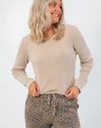 Z Supply Desert Tan Arlet Mini Thermal Top in lightweight waffle knit with raw-edge seams, styled with leopard print lounge pants.