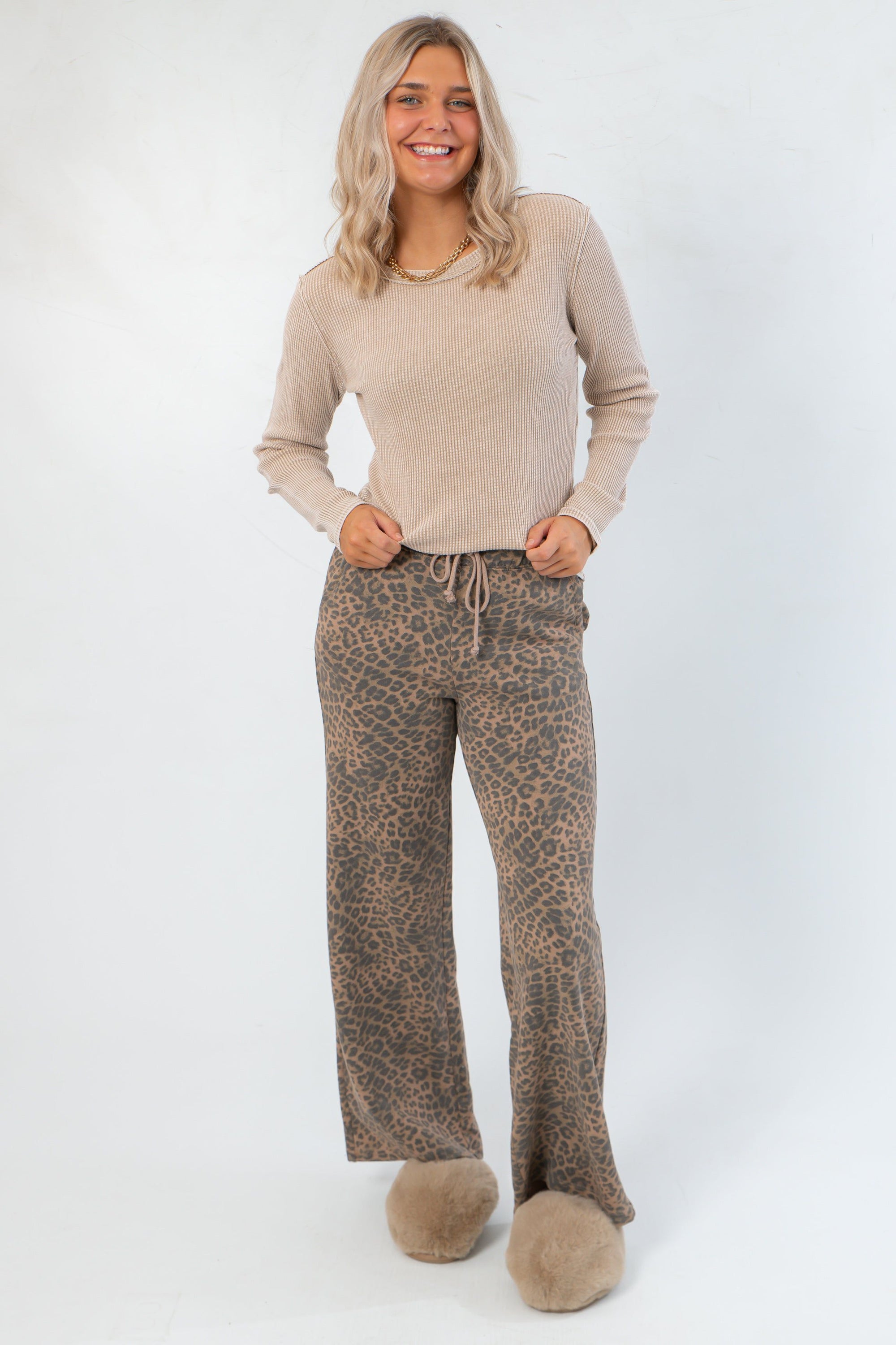 Full view of Z Supply Desert Tan Arlet Mini Thermal Top paired with wide-leg leopard pants, showcasing its fitted silhouette and cozy texture.