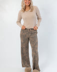 Full view of Z Supply Desert Tan Arlet Mini Thermal Top paired with wide-leg leopard pants, showcasing its fitted silhouette and cozy texture.
