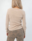 Back view of Z Supply Desert Tan Arlet Mini Thermal Top featuring raw-edge seams and a snug fit, ideal for layering in fall fashion.